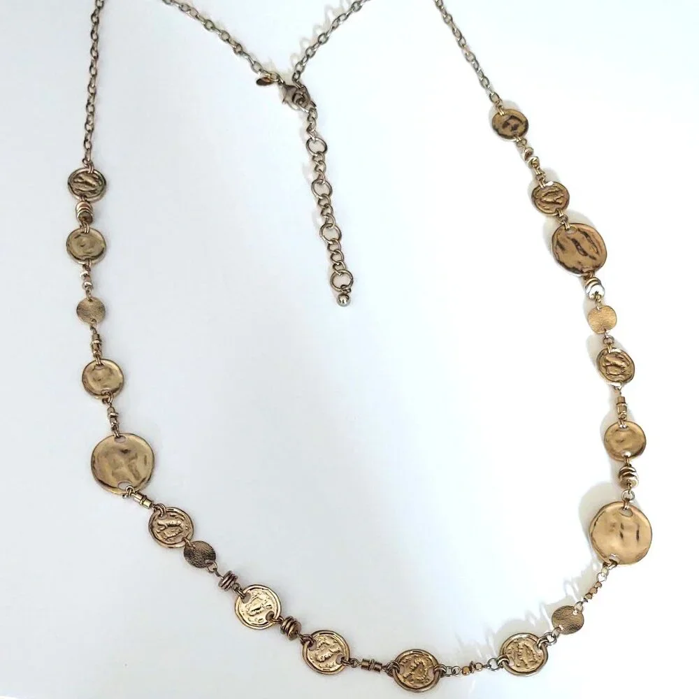 Long gold tone disk single strand necklace - Picture 11 of 12